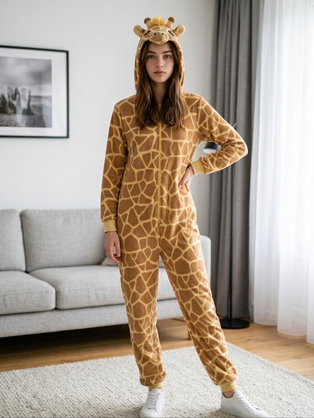 Adult Giraffe Hooded Fleece Onesie Pajamas Medium Union Suit Costume Kigurumi